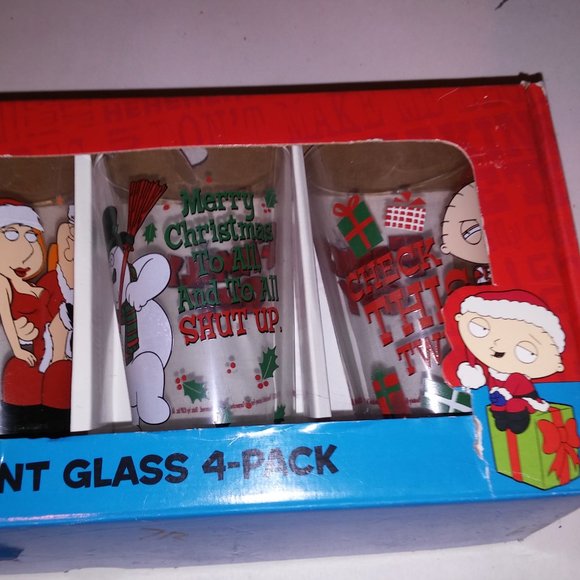 Family Guy Christmas Pint Glass 4 Pack Set Cartoon Gift Stewie 6" Tall Preowned - Picture 5 of 10